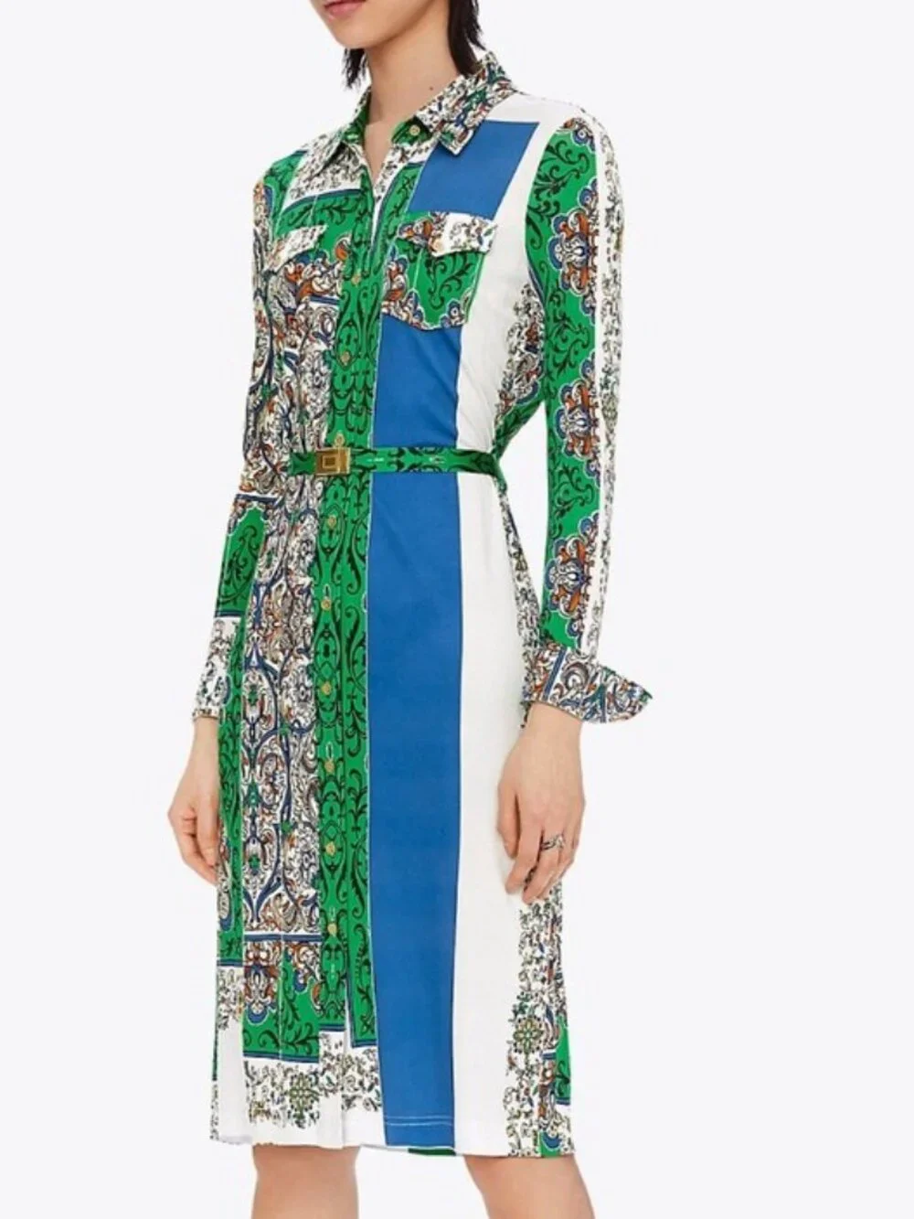 Tory Burch Colorblock Jacquard Midi Dress Blue Green NWT Size S